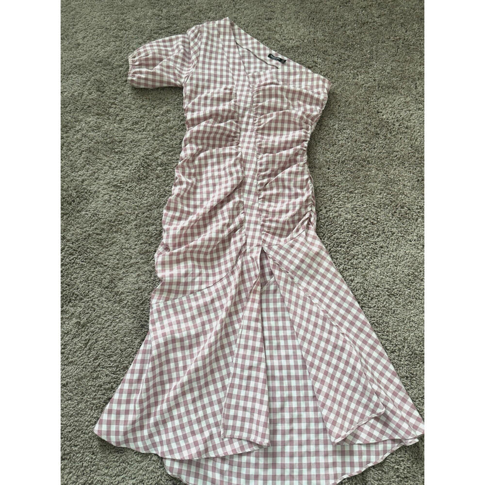 Nasty Gal‎ Pink Gingham Ruched One Shoulder Midi Dress US 6  Summer Slit - Picture 4 of 11
